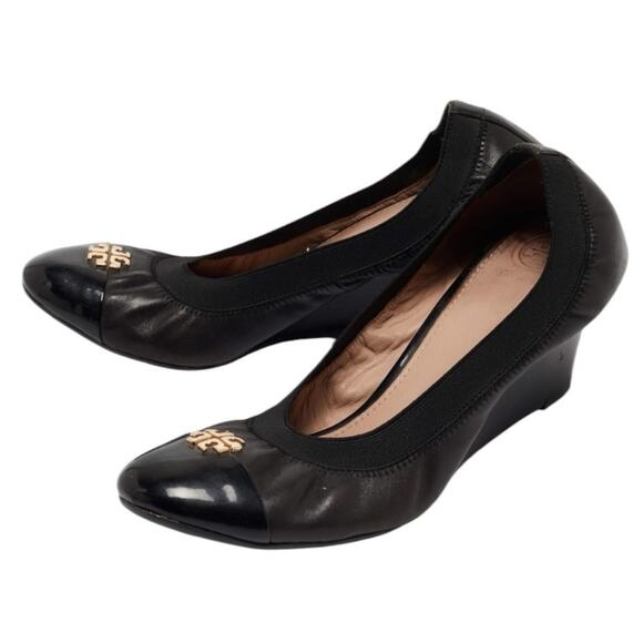 Tory Burch Jolie Cap Toe Black Leather Wedges size 9.5 - Picture 1 of 12